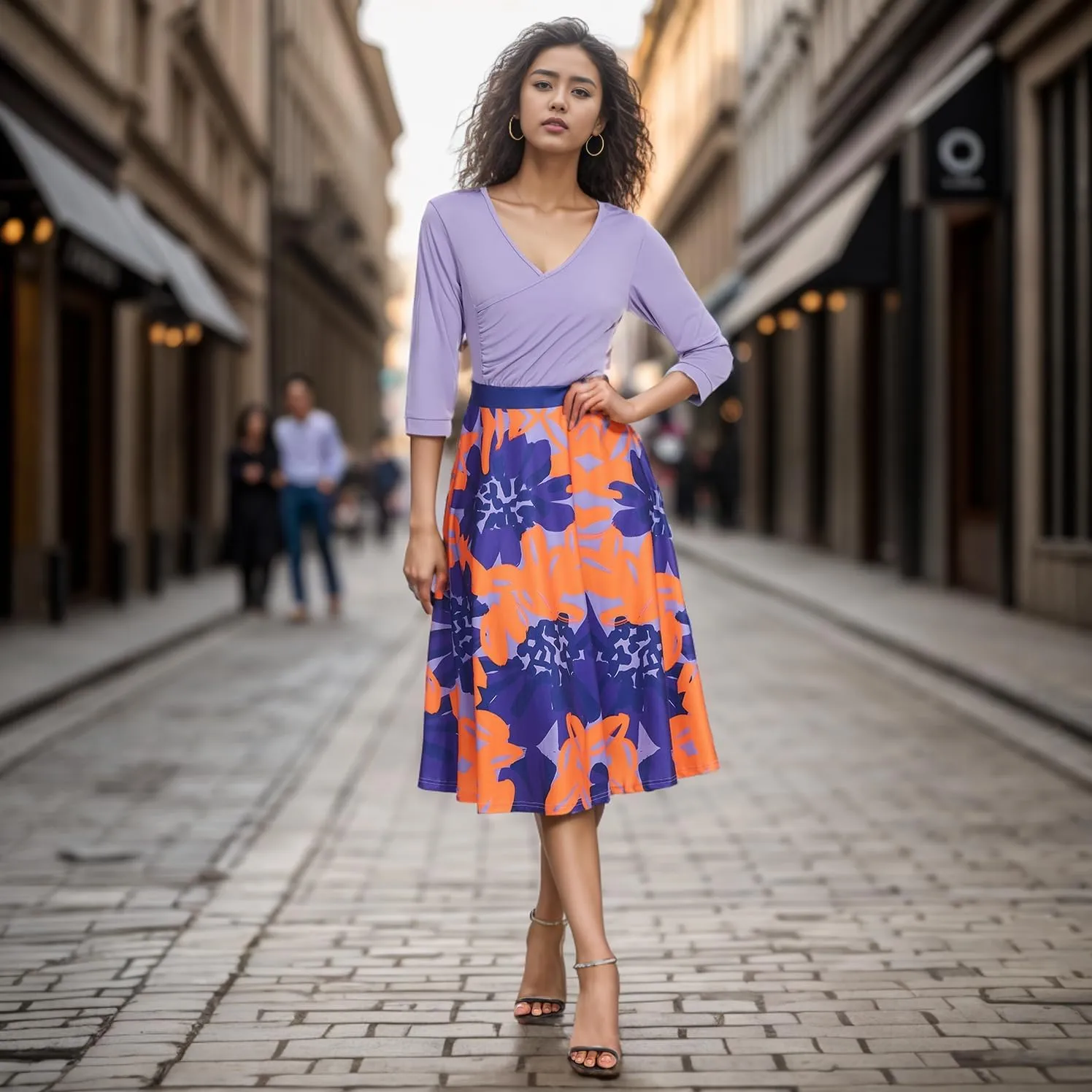 UOUA Women Wrap Midi Dress Casual Floral A-Line Dresses 3/4 Sleeves V-Neck Cocktail Party Dress