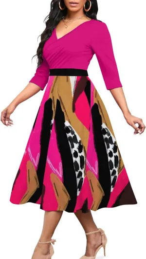 UOUA Women Wrap Midi Dress Casual Floral A-Line Dresses 3/4 Sleeves V-Neck Cocktail Party Dress