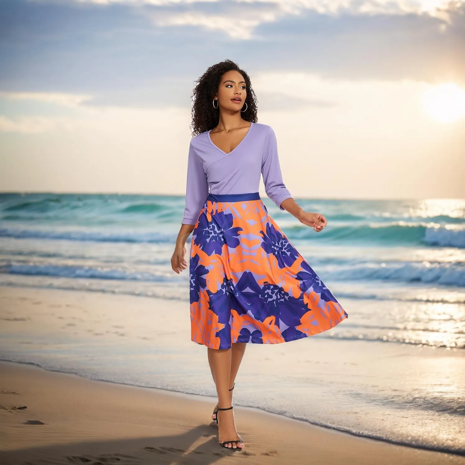 UOUA Women Wrap Midi Dress Casual Floral A-Line Dresses 3/4 Sleeves V-Neck Cocktail Party Dress