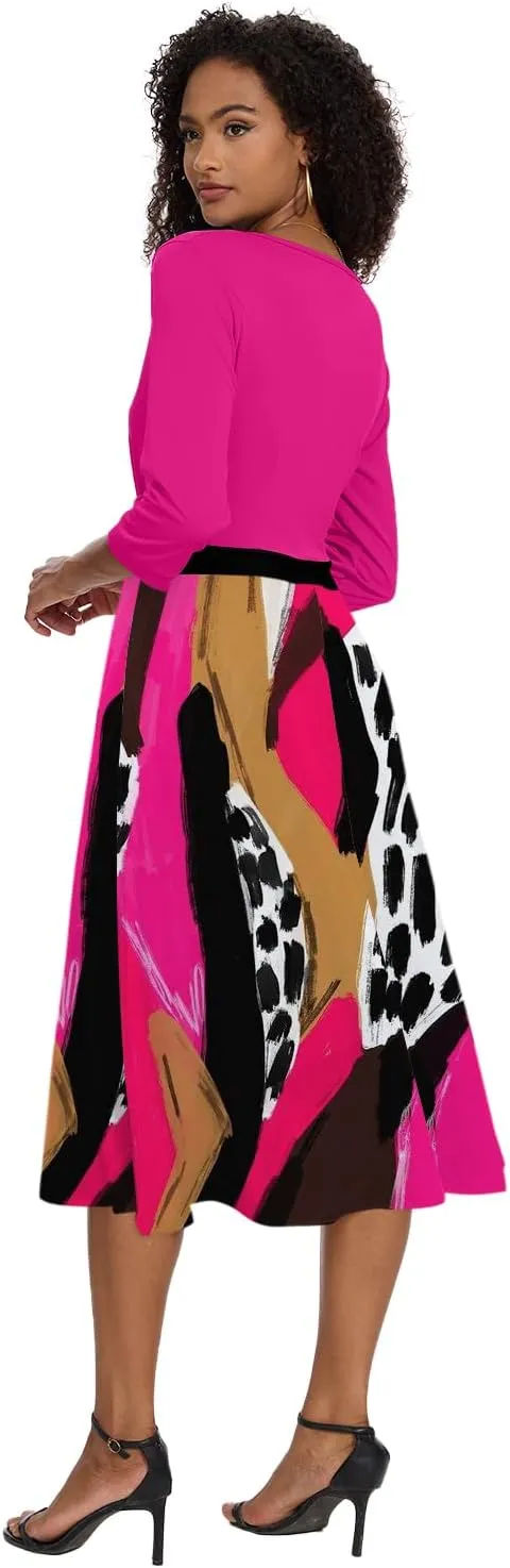 UOUA Women Wrap Midi Dress Casual Floral A-Line Dresses 3/4 Sleeves V-Neck Cocktail Party Dress