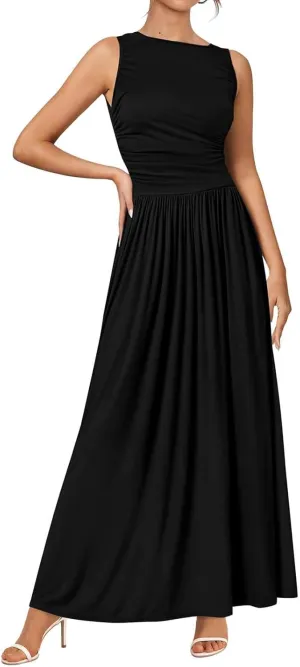 Wedding Guest Dresses for Women A Line Dresses Sleeveless Crewneck High Waist Flowy Ruffle Hem Swing Dress 2025