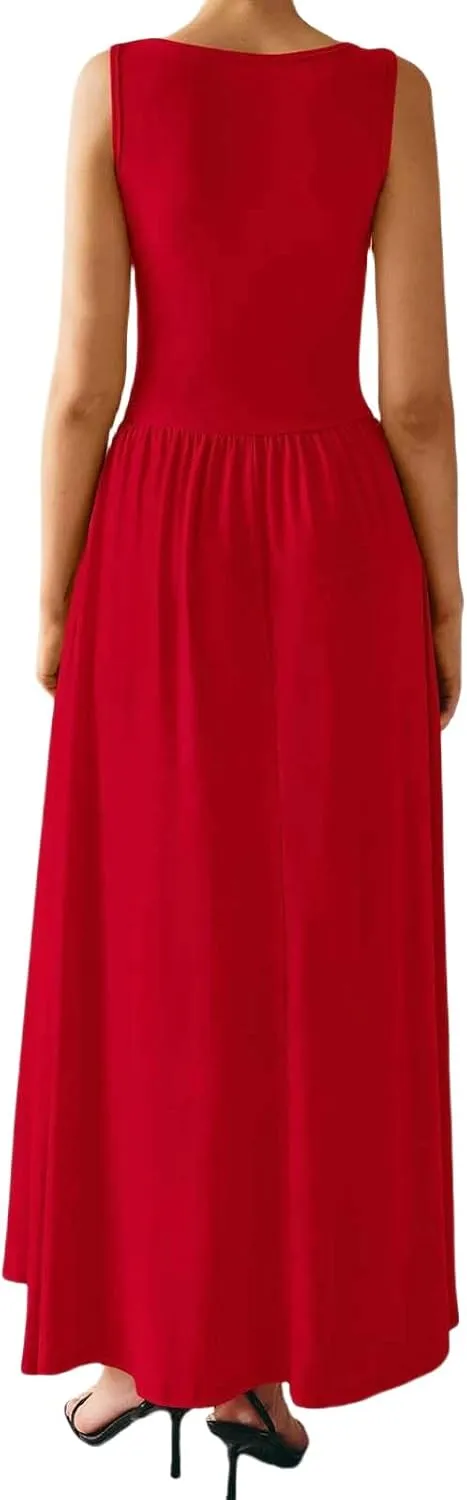 Wedding Guest Dresses for Women A Line Dresses Sleeveless Crewneck High Waist Flowy Ruffle Hem Swing Dress 2025