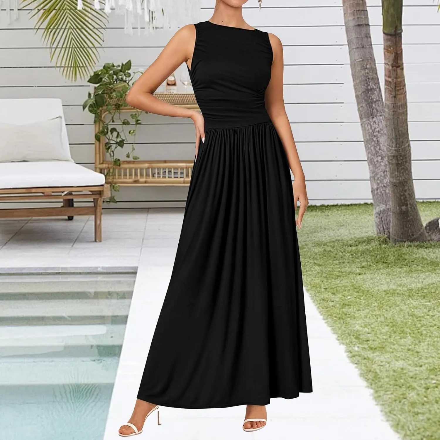 Wedding Guest Dresses for Women A Line Dresses Sleeveless Crewneck High Waist Flowy Ruffle Hem Swing Dress 2025