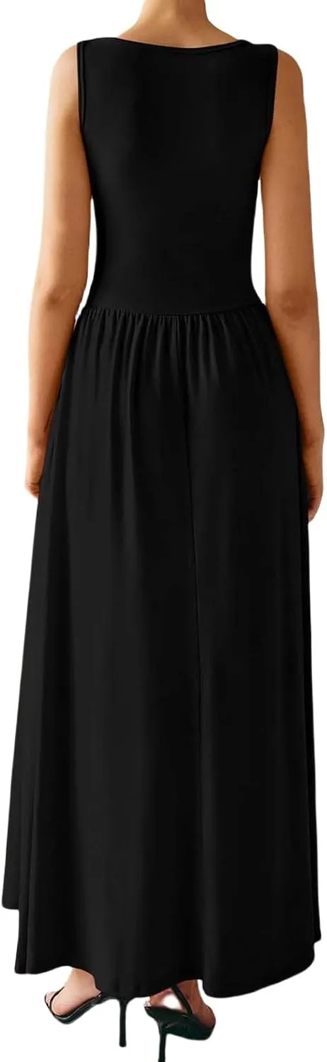 Wedding Guest Dresses for Women A Line Dresses Sleeveless Crewneck High Waist Flowy Ruffle Hem Swing Dress 2025