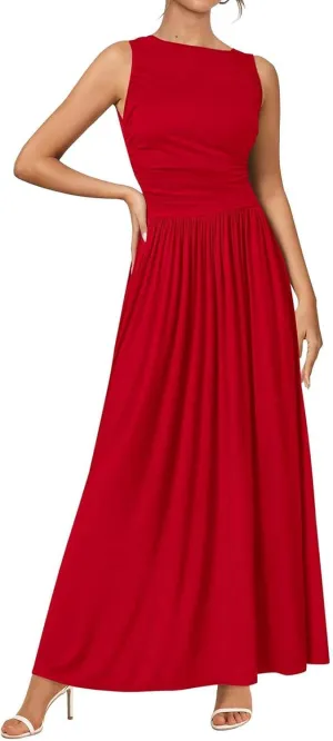 Wedding Guest Dresses for Women A Line Dresses Sleeveless Crewneck High Waist Flowy Ruffle Hem Swing Dress 2025