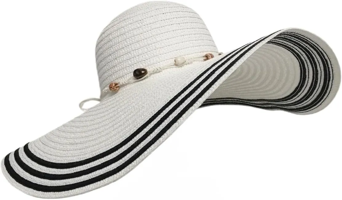 Wide Brim Sun Hats for Women UV Protection Floppy Straw Hats with Stone Decor Sun Protection Foldable Beach Hats