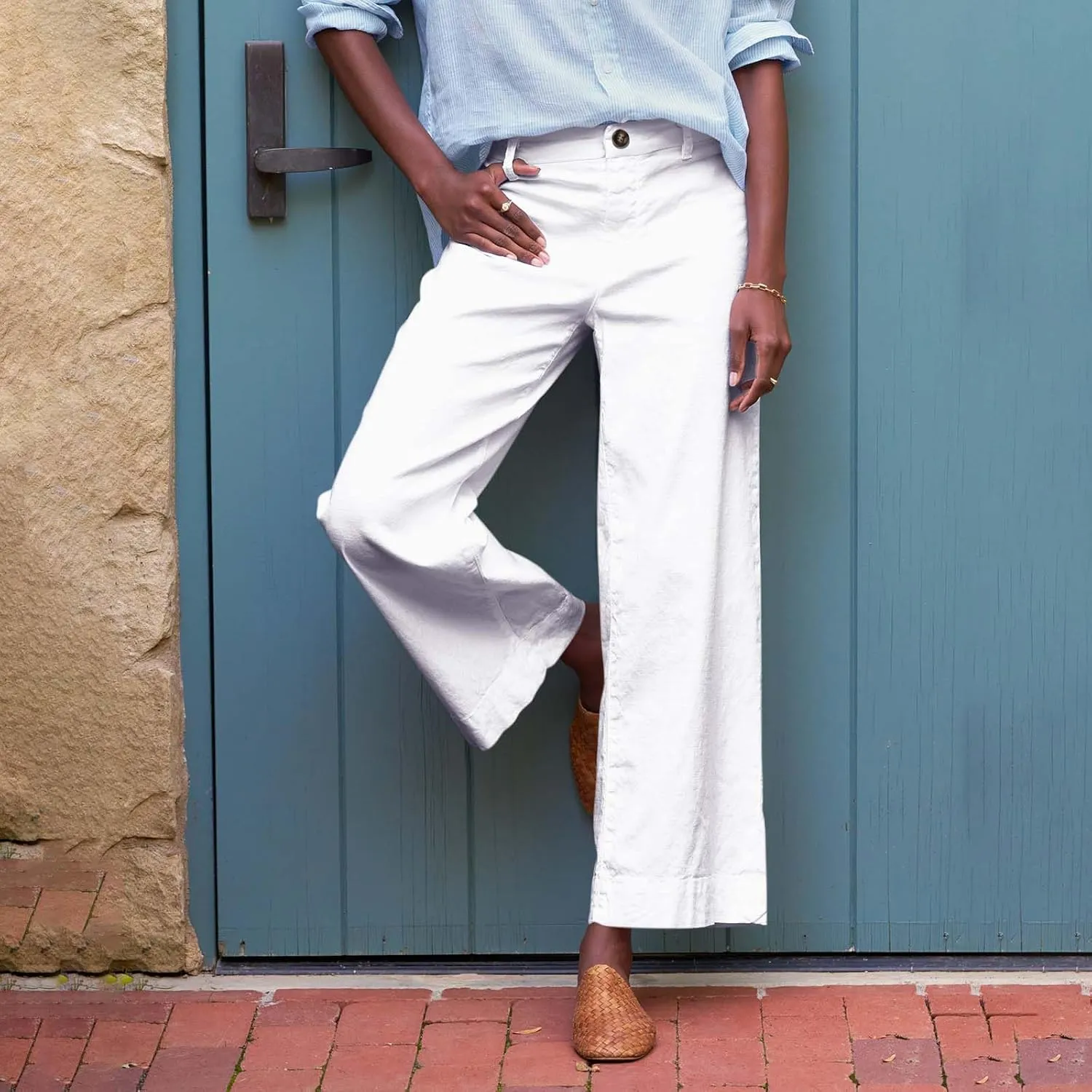 Wide Leg Cropped Linen Pants for Women Loose Dressy Casual Office Pants with Pockets Comfy High Waisted Capri Pants