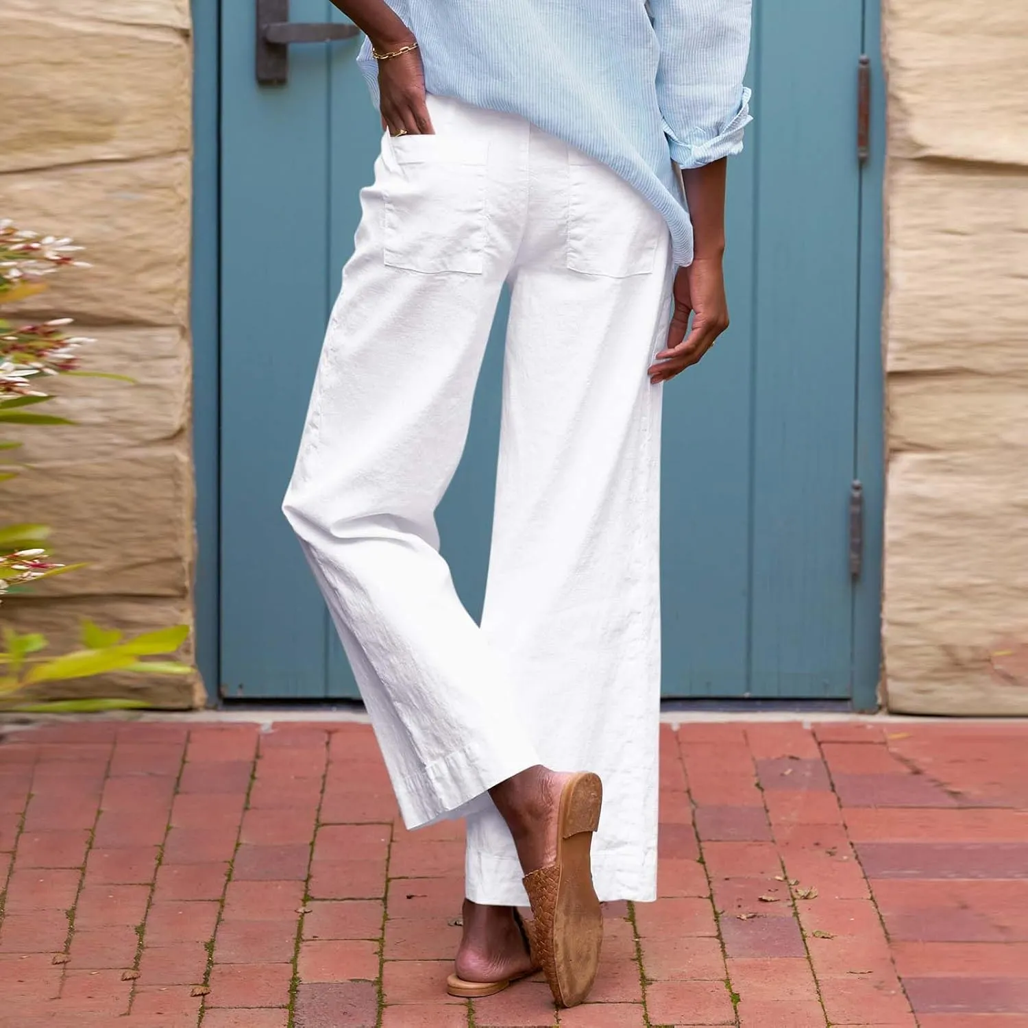 Wide Leg Cropped Linen Pants for Women Loose Dressy Casual Office Pants with Pockets Comfy High Waisted Capri Pants
