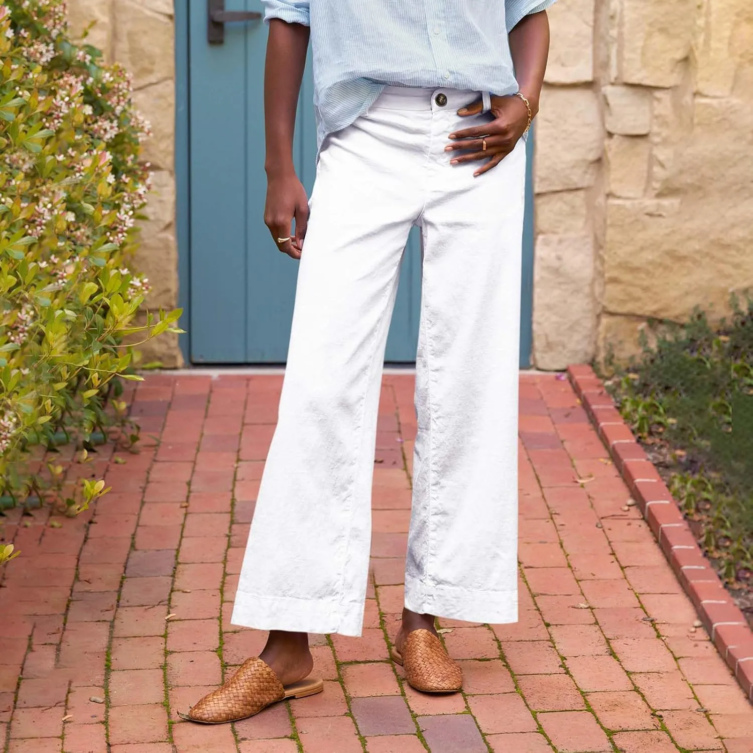 Wide Leg Cropped Linen Pants for Women Loose Dressy Casual Office Pants with Pockets Comfy High Waisted Capri Pants