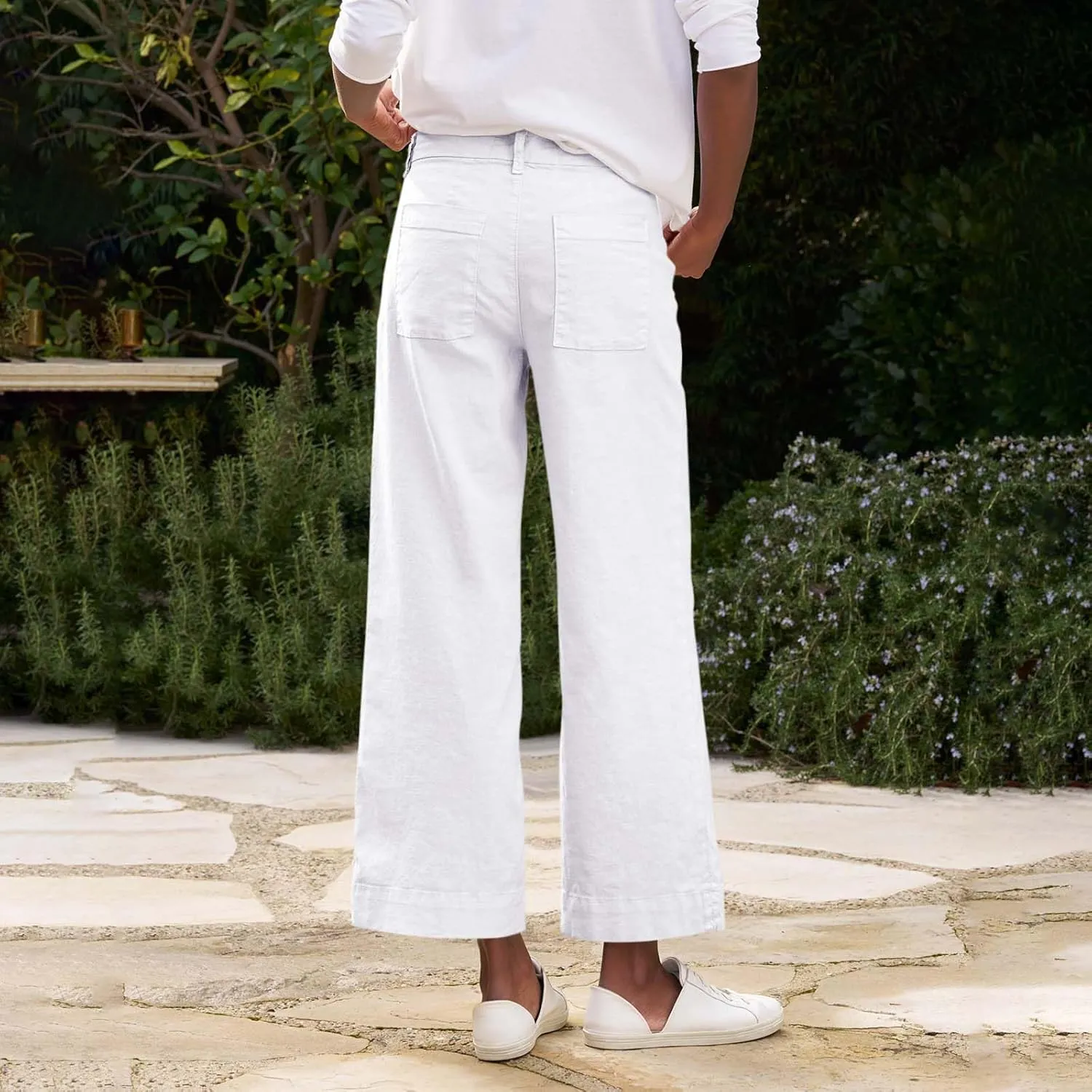 Wide Leg Cropped Linen Pants for Women Loose Dressy Casual Office Pants with Pockets Comfy High Waisted Capri Pants