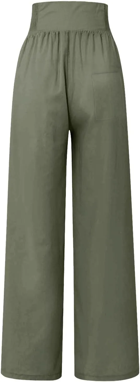 Wide Leg Linen Pants for Women Elastic Smocked Waist Palazzo Pants Lightweight Summer Boho Beach Pants with Pockets