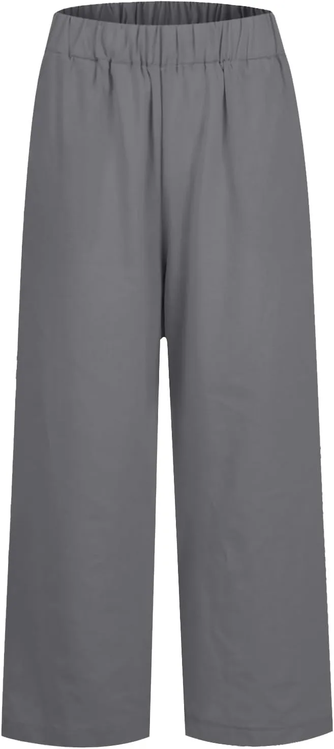 Wide Leg Linen Pants for Women Plus Size Cropped Linen Pants Casual Summer Elastic High Waisted Lounge Pants