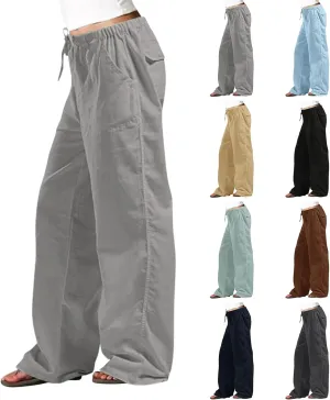 Wide Leg Linen Pants for Women Plus Size Drawstring High Waisted Palazzo Pants Baggy Flowy Boho Long Beach Pants 2025