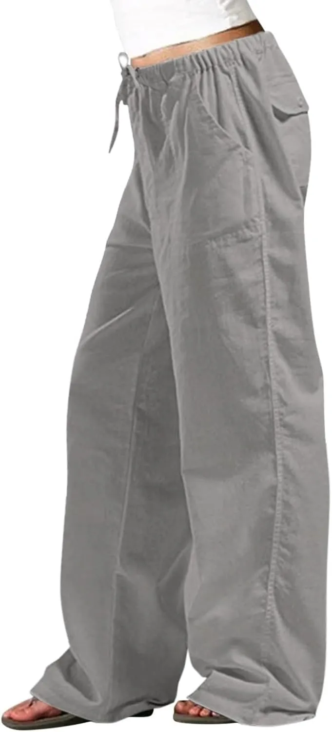 Wide Leg Linen Pants for Women Plus Size Drawstring High Waisted Palazzo Pants Baggy Flowy Boho Long Beach Pants 2025