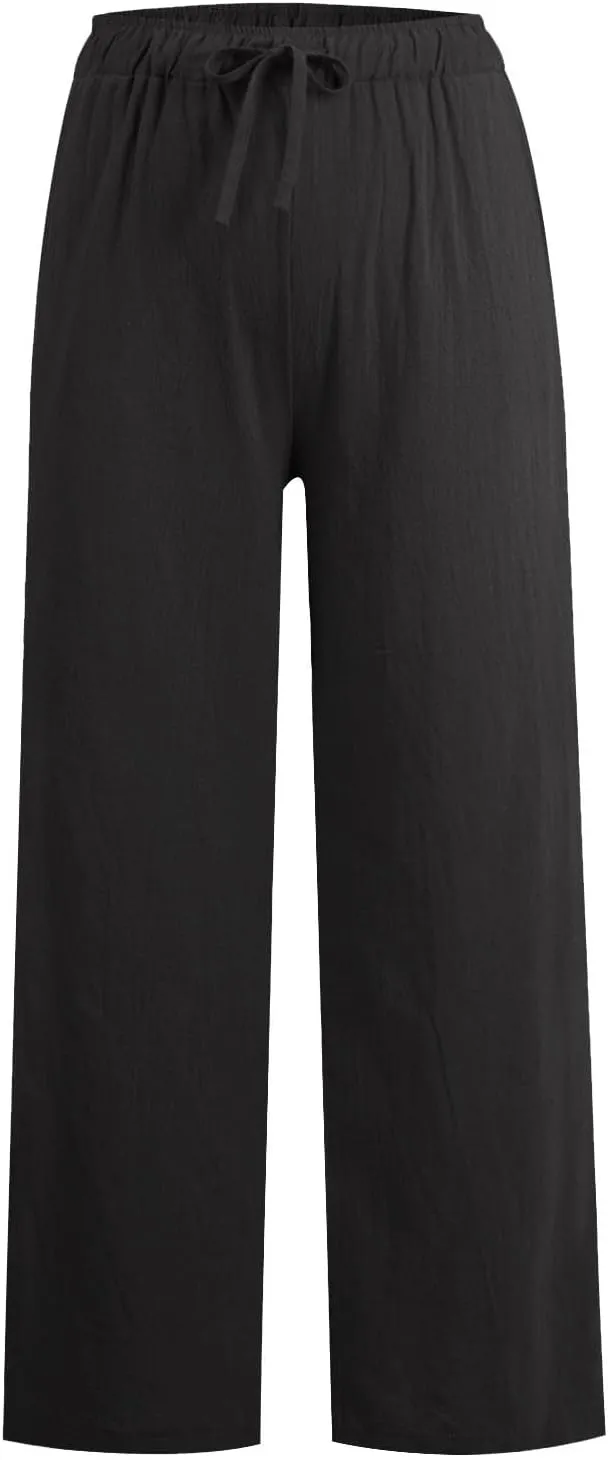 Wide Leg Linen Pants for Women Summer Boho High Waisted Palazzo Pants Lightweight Baggy Comfy Beach Pants with Pocket