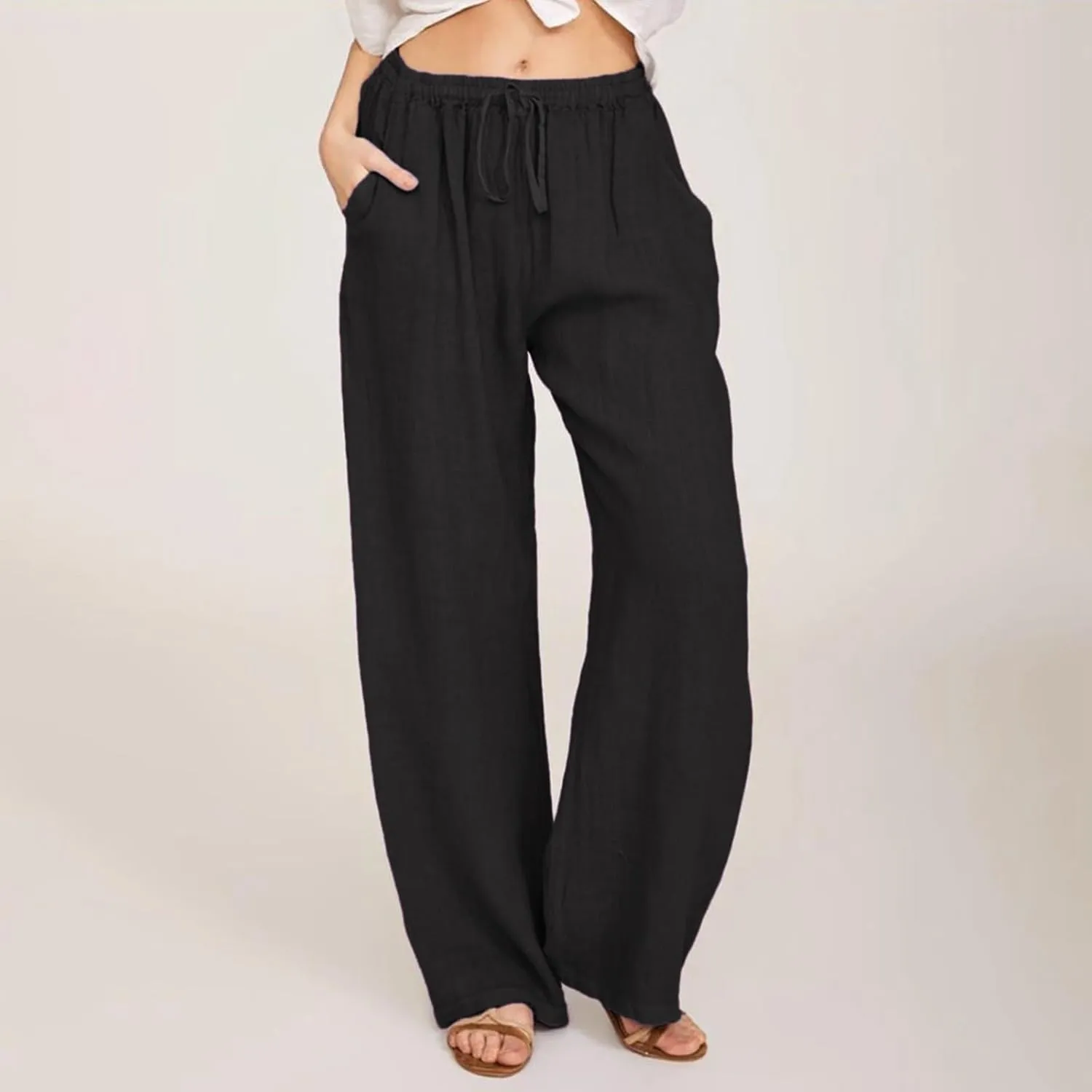 Wide Leg Linen Pants for Women Summer Boho High Waisted Palazzo Pants Lightweight Baggy Comfy Beach Pants with Pocket