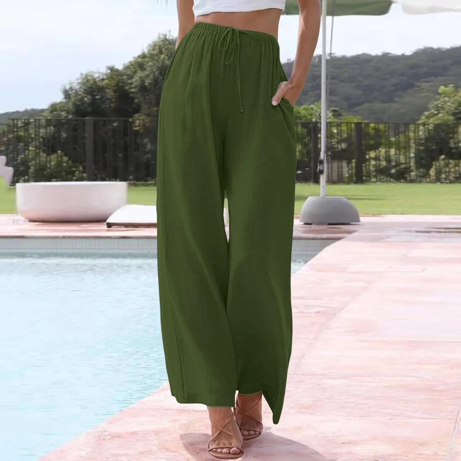 Wide Leg Pants for Women Dressy Casual Cotton Linen Summer Palazzo Pant Drawstring Flowy Beach Trousers with Pockets