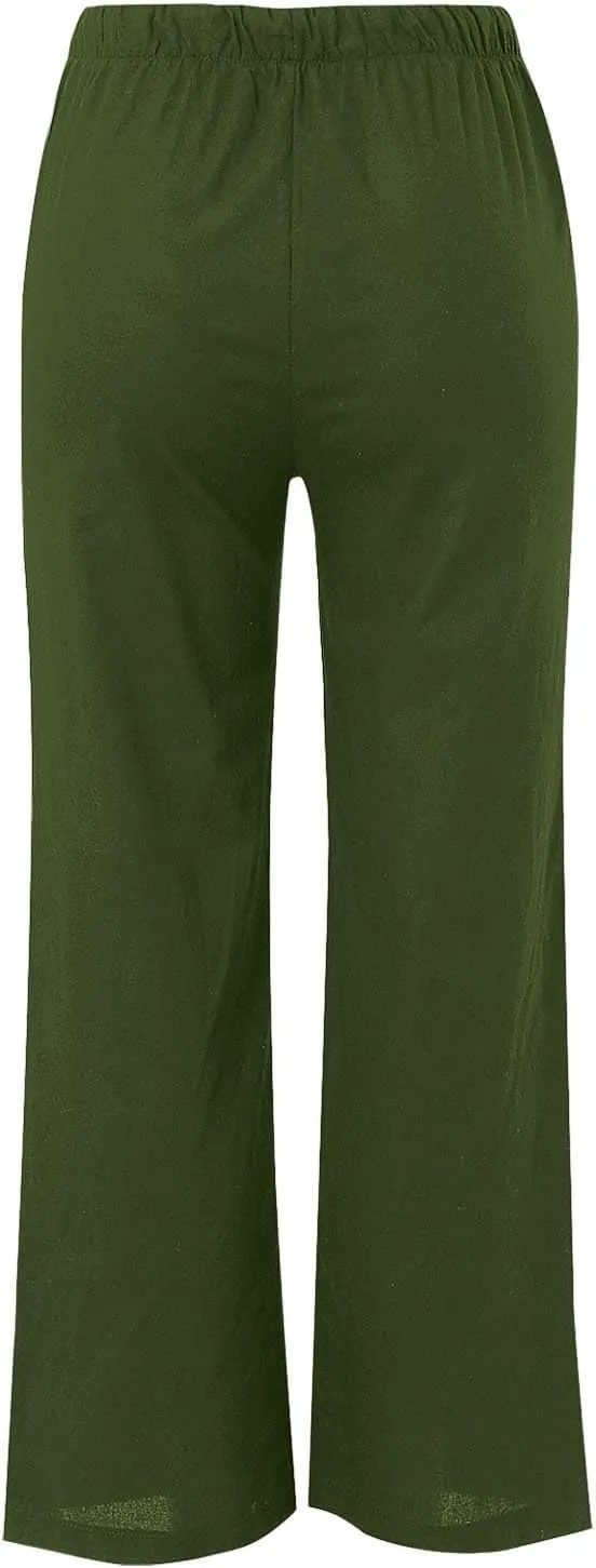 Wide Leg Pants for Women Dressy Casual Cotton Linen Summer Palazzo Pant Drawstring Flowy Beach Trousers with Pockets