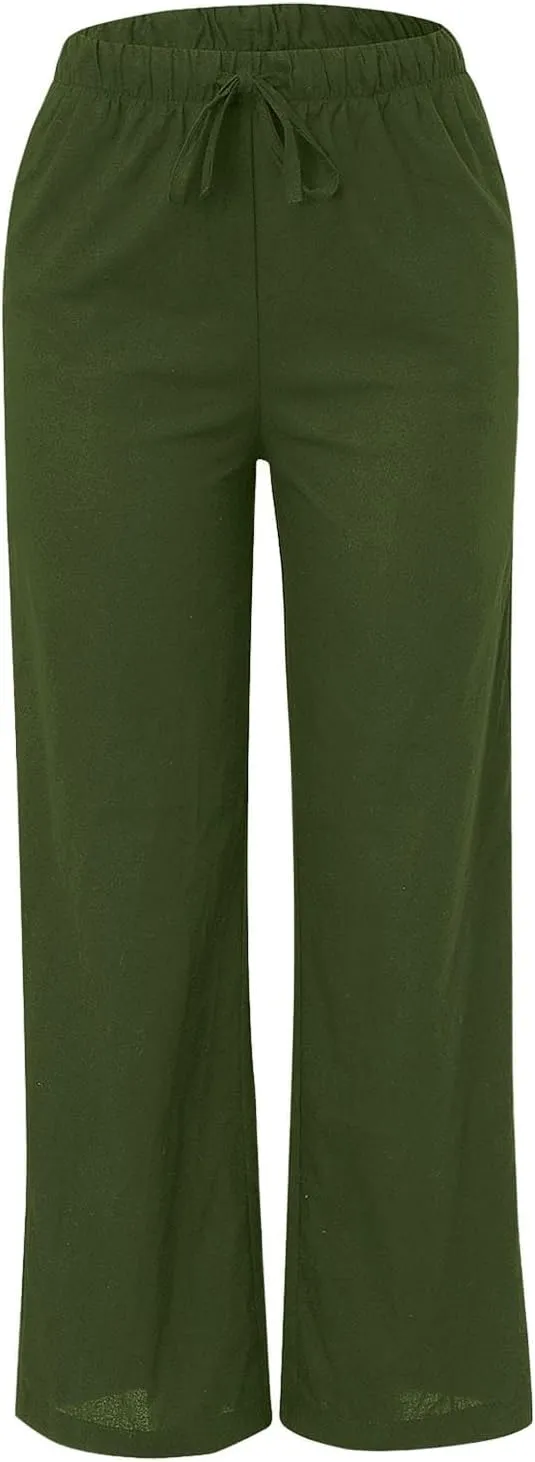 Wide Leg Pants for Women Dressy Casual Cotton Linen Summer Palazzo Pant Drawstring Flowy Beach Trousers with Pockets
