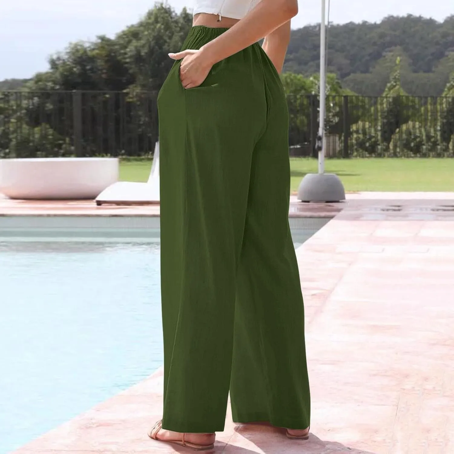 Wide Leg Pants for Women Dressy Casual Cotton Linen Summer Palazzo Pant Drawstring Flowy Beach Trousers with Pockets