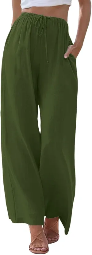 Wide Leg Pants for Women Dressy Casual Cotton Linen Summer Palazzo Pant Drawstring Flowy Beach Trousers with Pockets