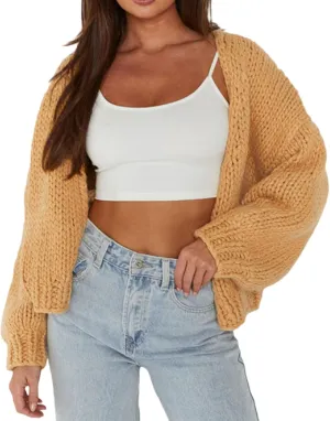 Women Cable Knit Cropped Cardigan Long Lantern Sleeve Open Front Chunky Sweater Oversized Y2k Knitwear Coat