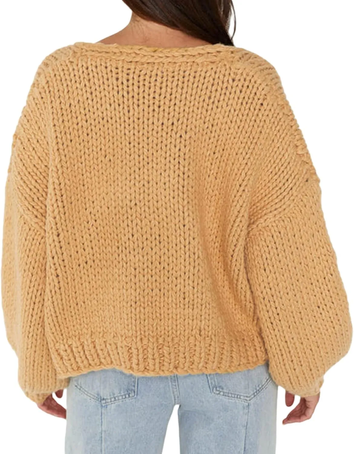 Women Cable Knit Cropped Cardigan Long Lantern Sleeve Open Front Chunky Sweater Oversized Y2k Knitwear Coat