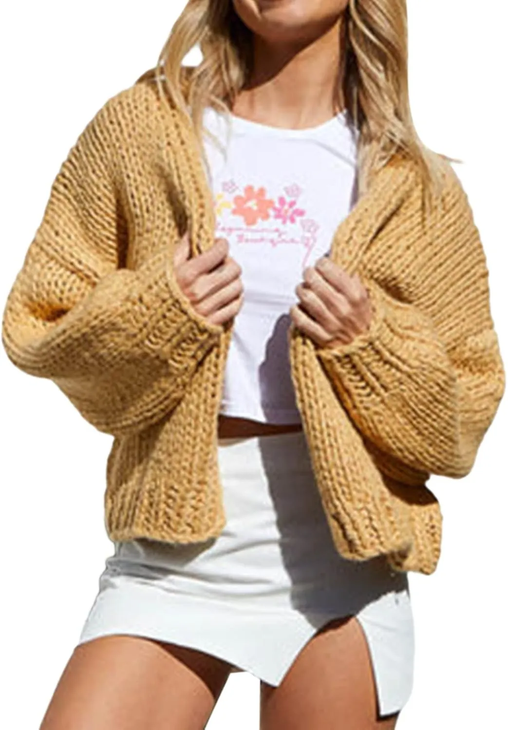 Women Cable Knit Cropped Cardigan Long Lantern Sleeve Open Front Chunky Sweater Oversized Y2k Knitwear Coat