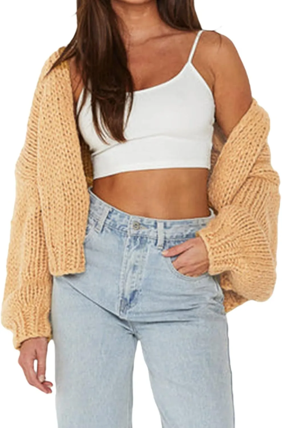 Women Cable Knit Cropped Cardigan Long Lantern Sleeve Open Front Chunky Sweater Oversized Y2k Knitwear Coat
