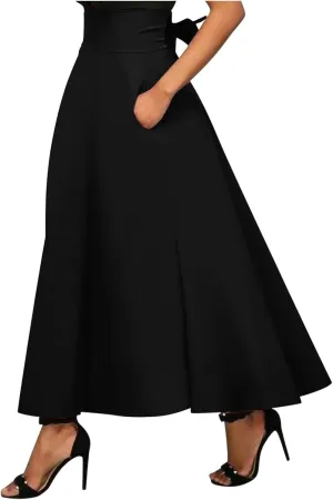 Women Casual Tie High Waisted Pleated Maxi Skirt with Pockets Solid Color Long Vintage Strappy Skirt Business Dress