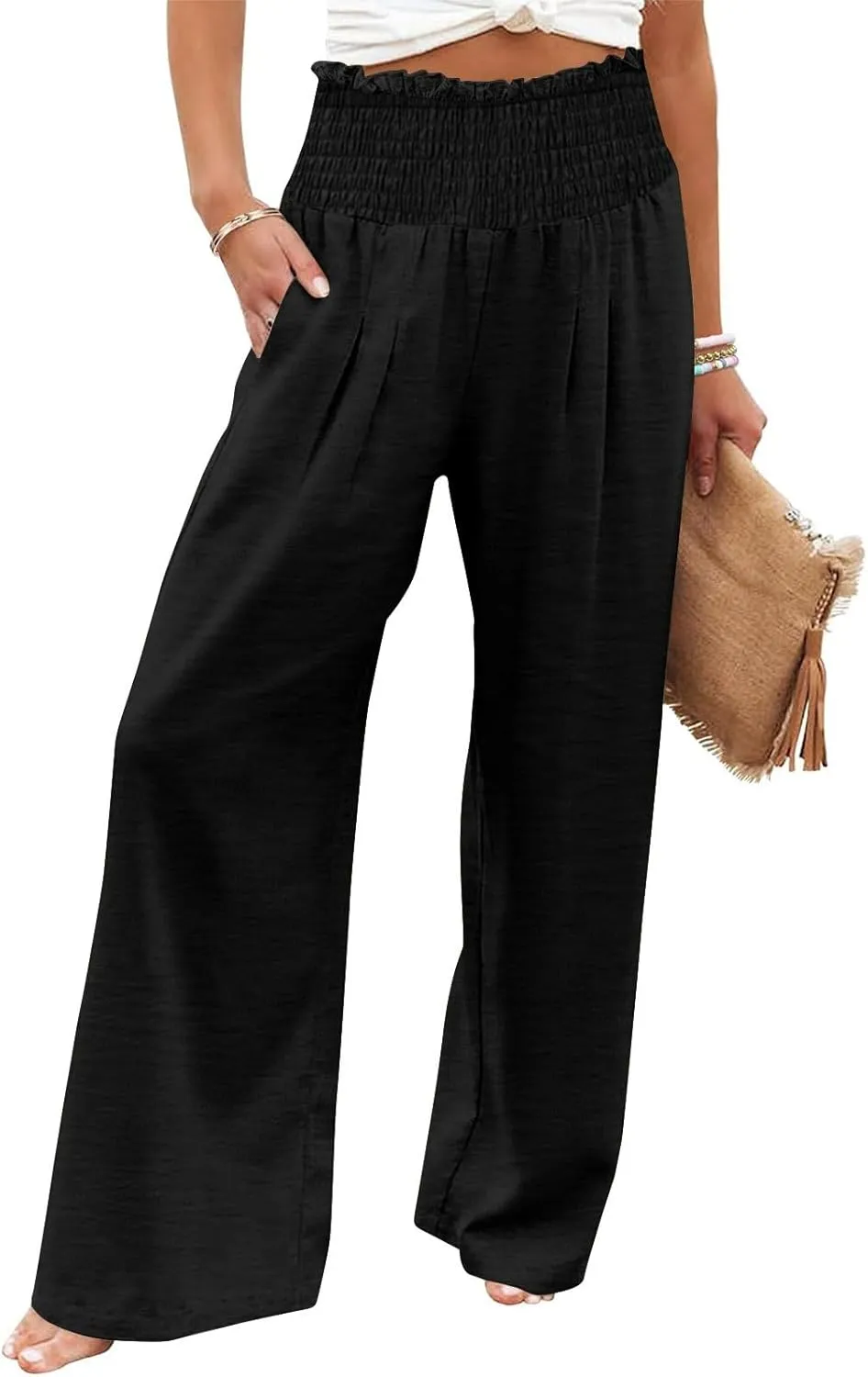 Women Cotton Gaucho Pants Loose Stretchy High Waist Trousers Summer Lightweight Baggy Slacks Solid Home Lounge Outfit