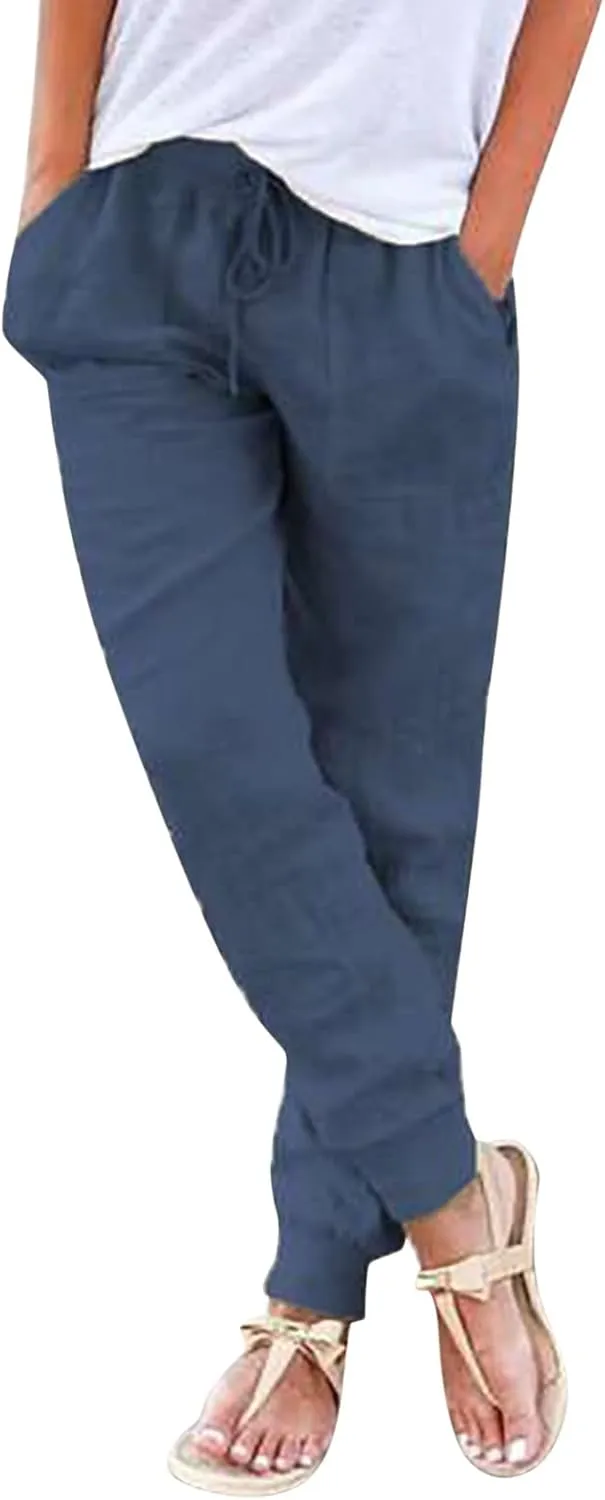 Women Cotton Linen Tapered Pants Drawstring Elastic High Waist Trousers Casual Summer Plus Size Joggers with Pockets