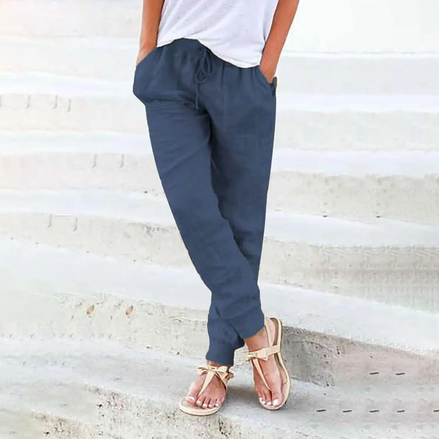 Women Cotton Linen Tapered Pants Drawstring Elastic High Waist Trousers Casual Summer Plus Size Joggers with Pockets