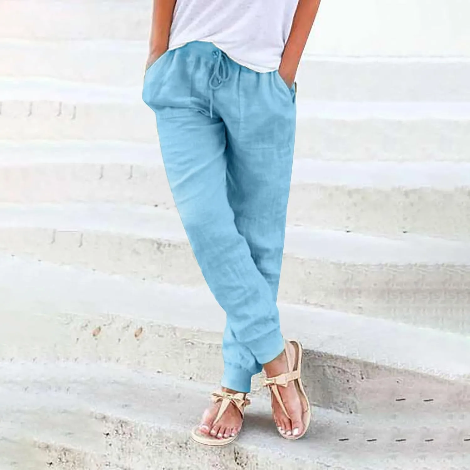 Women Cotton Linen Tapered Pants Drawstring Elastic High Waist Trousers Casual Summer Plus Size Joggers with Pockets
