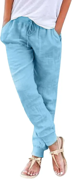 Women Cotton Linen Tapered Pants Drawstring Elastic High Waist Trousers Casual Summer Plus Size Joggers with Pockets