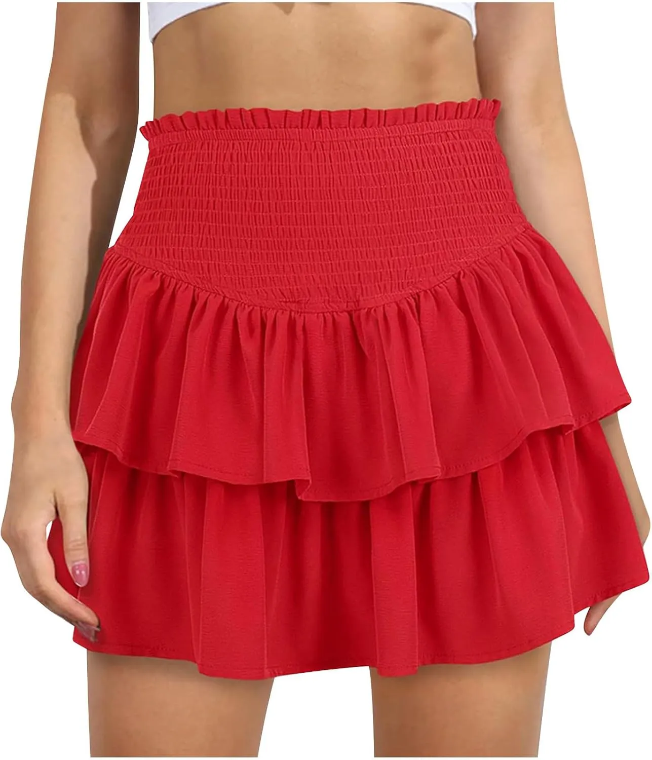 Women Cute Tiered Mini Skirt, Elastic High Waist Ruffle Casual Underskirt Fashion Flared Summer Beach Casual Clothes