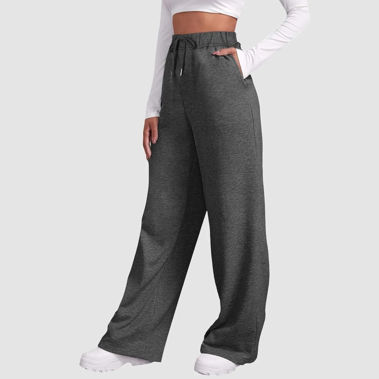 Women Fashion Sweatpants Solid High Waisted Pants Loose Fit Quick Drying Straight Leg Trousers with Pockets