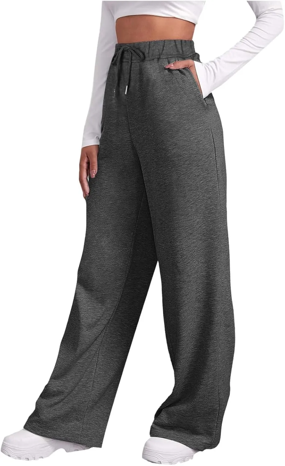 Women Fashion Sweatpants Solid High Waisted Pants Loose Fit Quick Drying Straight Leg Trousers with Pockets