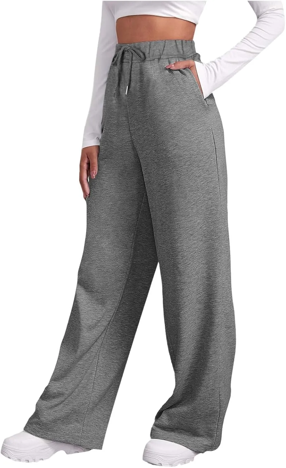 Women Fashion Sweatpants Solid High Waisted Pants Loose Fit Quick Drying Straight Leg Trousers with Pockets