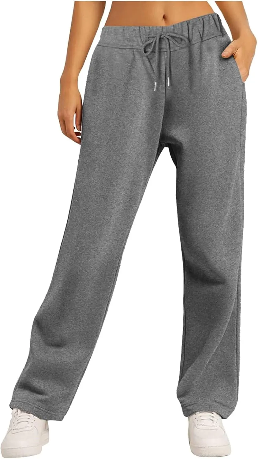 Women Fashion Sweatpants Solid High Waisted Pants Loose Fit Quick Drying Straight Leg Trousers with Pockets