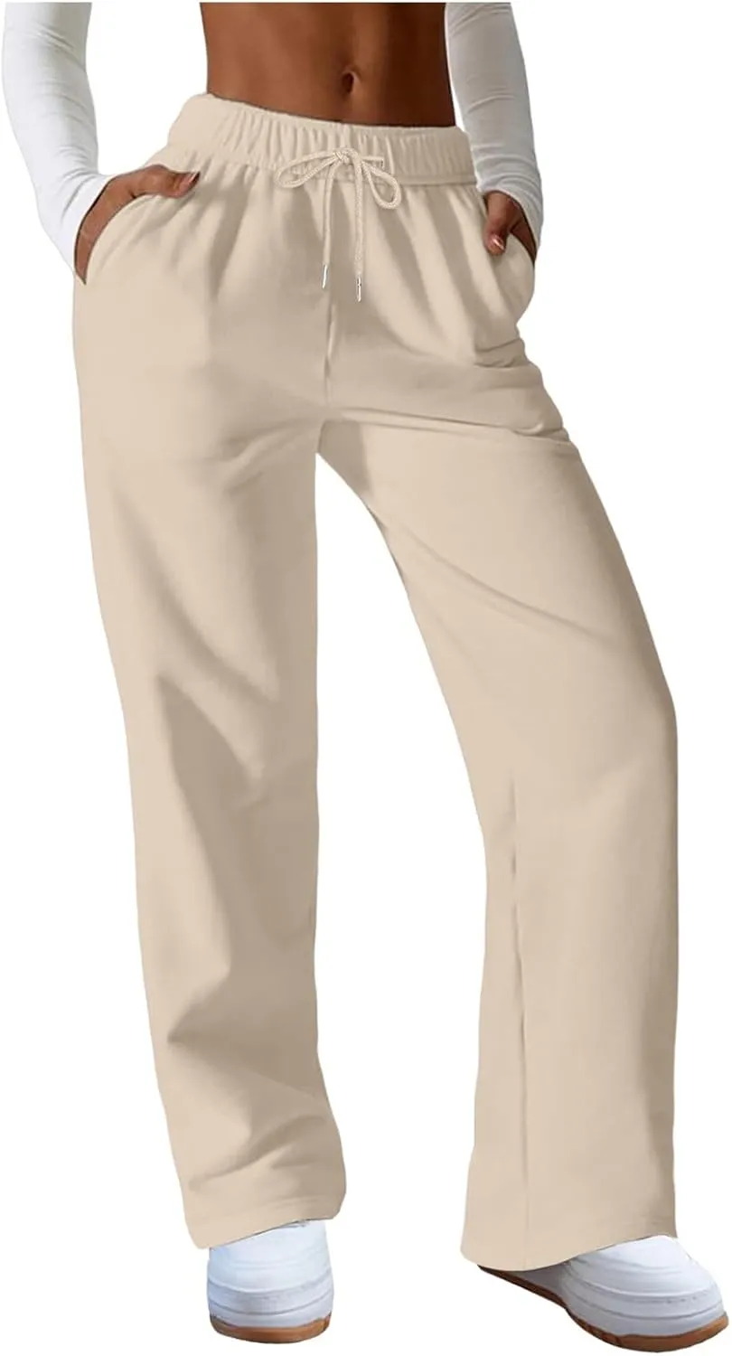 Women Fashion Sweatpants Solid High Waisted Pants Loose Fit Quick Drying Straight Leg Trousers with Pockets