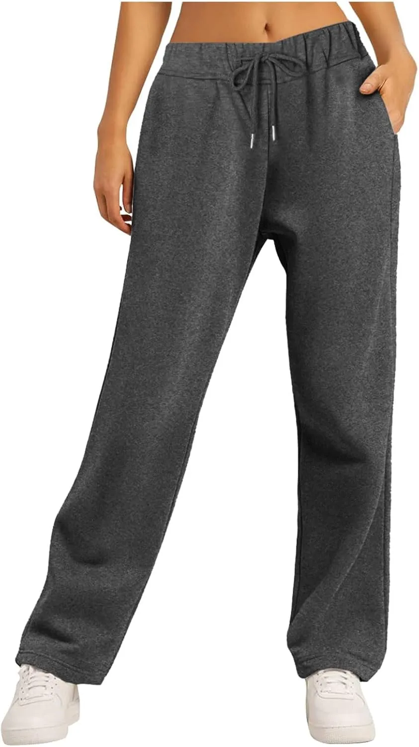 Women Fashion Sweatpants Solid High Waisted Pants Loose Fit Quick Drying Straight Leg Trousers with Pockets