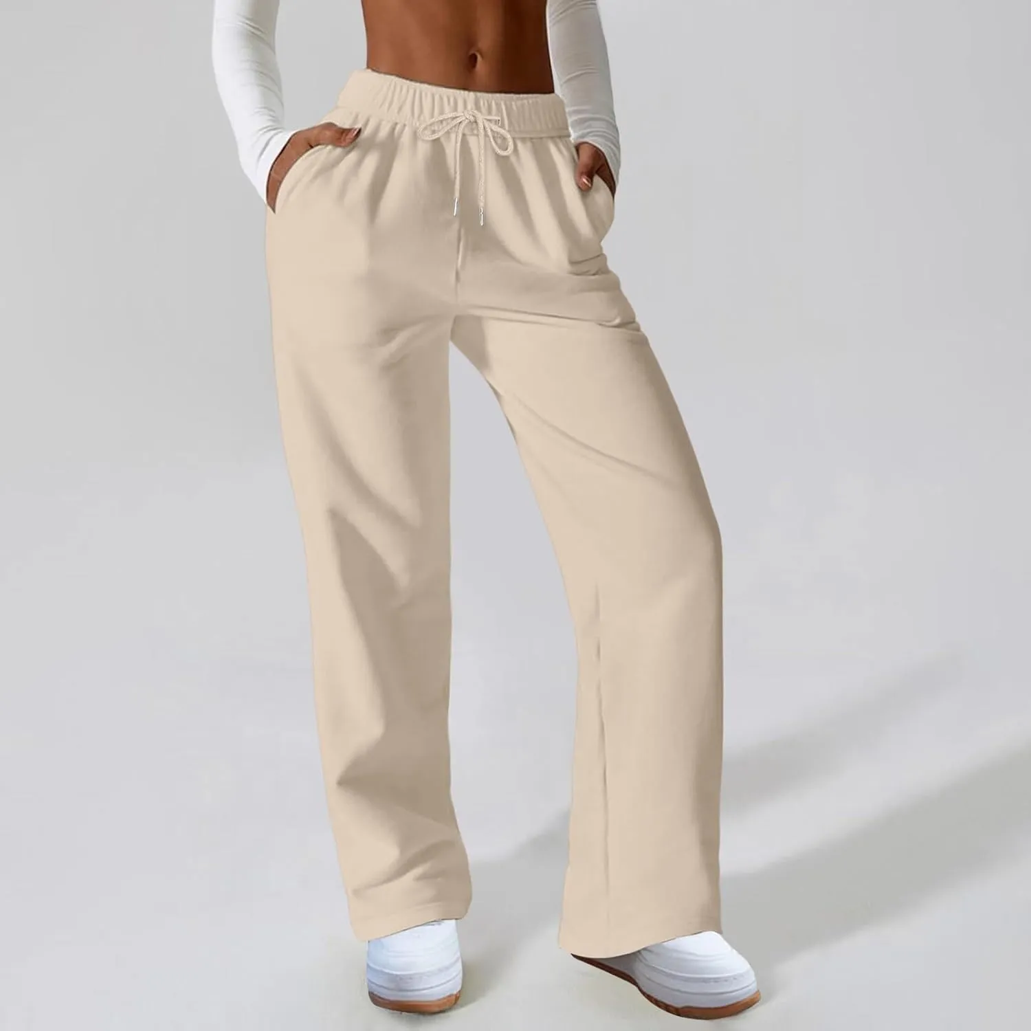 Women Fashion Sweatpants Solid High Waisted Pants Loose Fit Quick Drying Straight Leg Trousers with Pockets