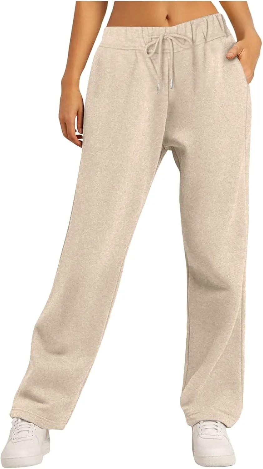 Women Fashion Sweatpants Solid High Waisted Pants Loose Fit Quick Drying Straight Leg Trousers with Pockets