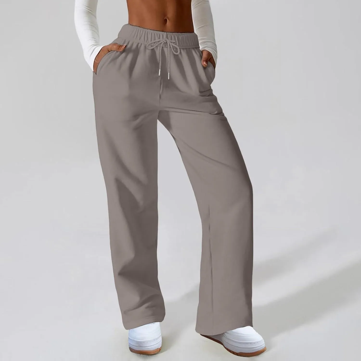 Women Fashion Sweatpants Solid High Waisted Pants Loose Fit Quick Drying Straight Leg Trousers with Pockets