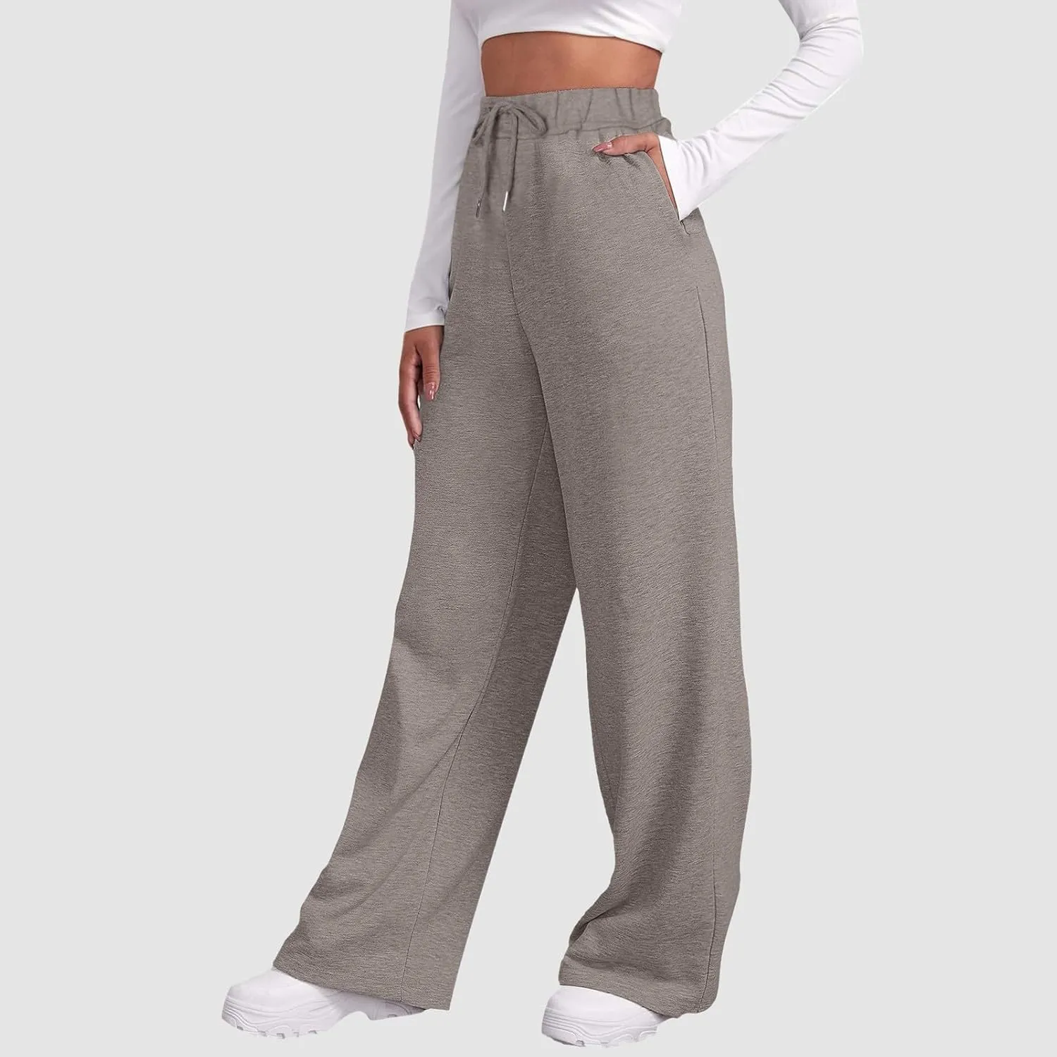 Women Fashion Sweatpants Solid High Waisted Pants Loose Fit Quick Drying Straight Leg Trousers with Pockets