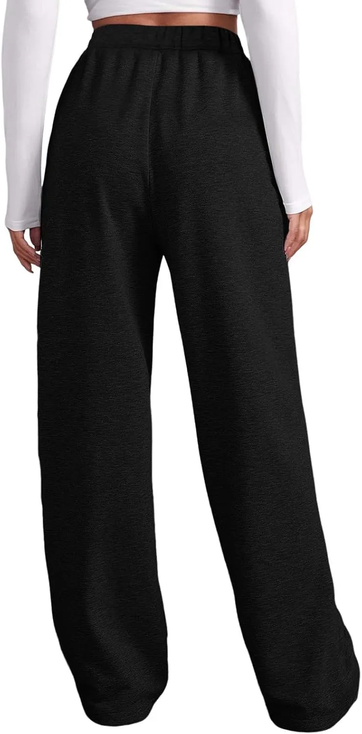 Women Fashion Sweatpants Solid High Waisted Pants Loose Fit Quick Drying Straight Leg Trousers with Pockets