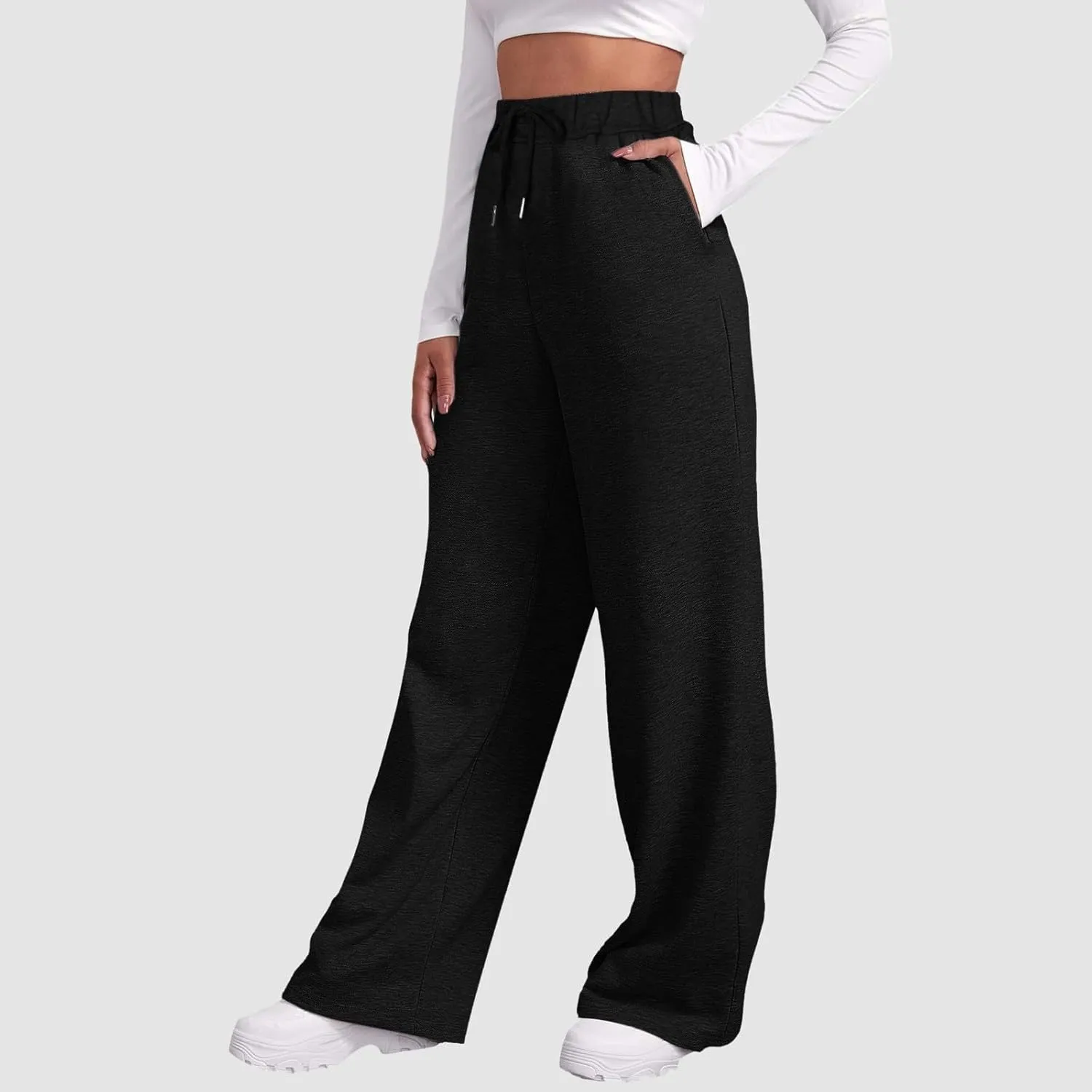 Women Fashion Sweatpants Solid High Waisted Pants Loose Fit Quick Drying Straight Leg Trousers with Pockets