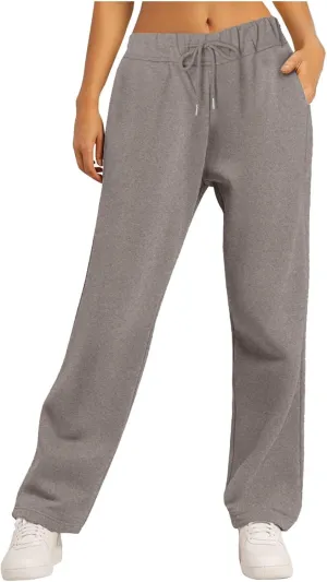 Women Fashion Sweatpants Solid High Waisted Pants Loose Fit Quick Drying Straight Leg Trousers with Pockets