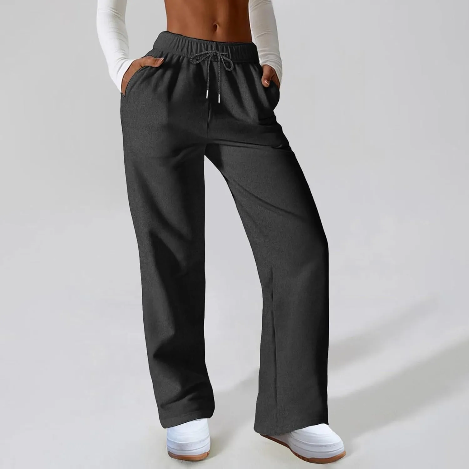 Women Fashion Sweatpants Solid High Waisted Pants Loose Fit Quick Drying Straight Leg Trousers with Pockets